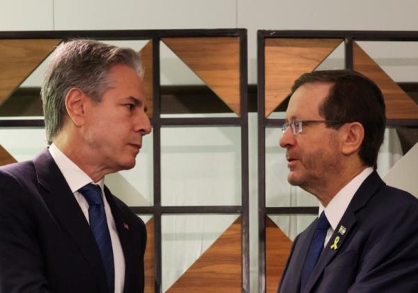 U.S. Secretary of State Bl<em></em>inken meets with Israel's President Isaac Herzog, in Tel Aviv, Israel