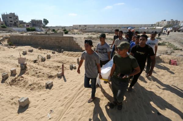 Palestinians carry the body of a person killed in an Israeli strike