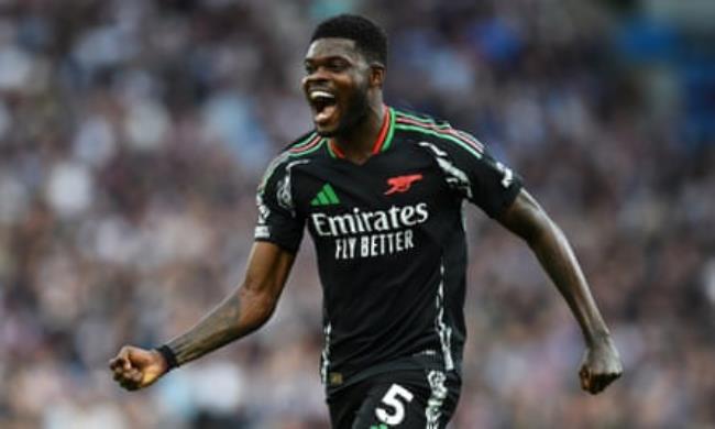 Arsenal’s Thomas Partey celebrates scoring their second goal at Villa Park.